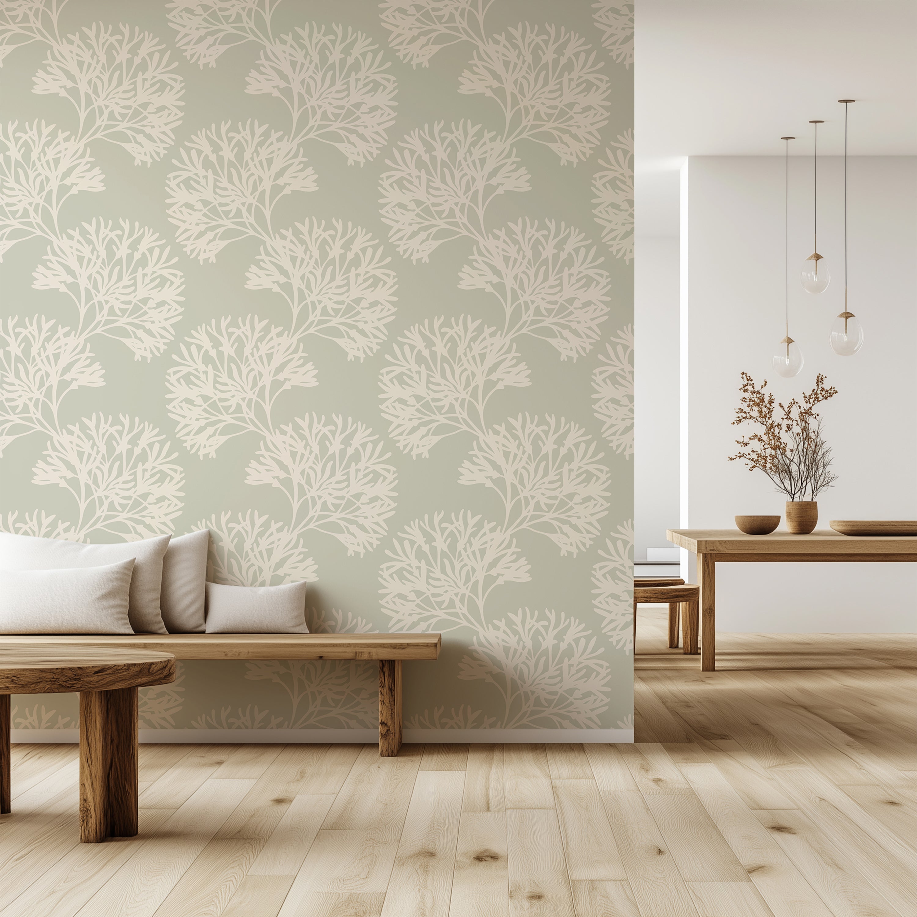 Modern living room with light-colored wall, wooden bench, and dining table.